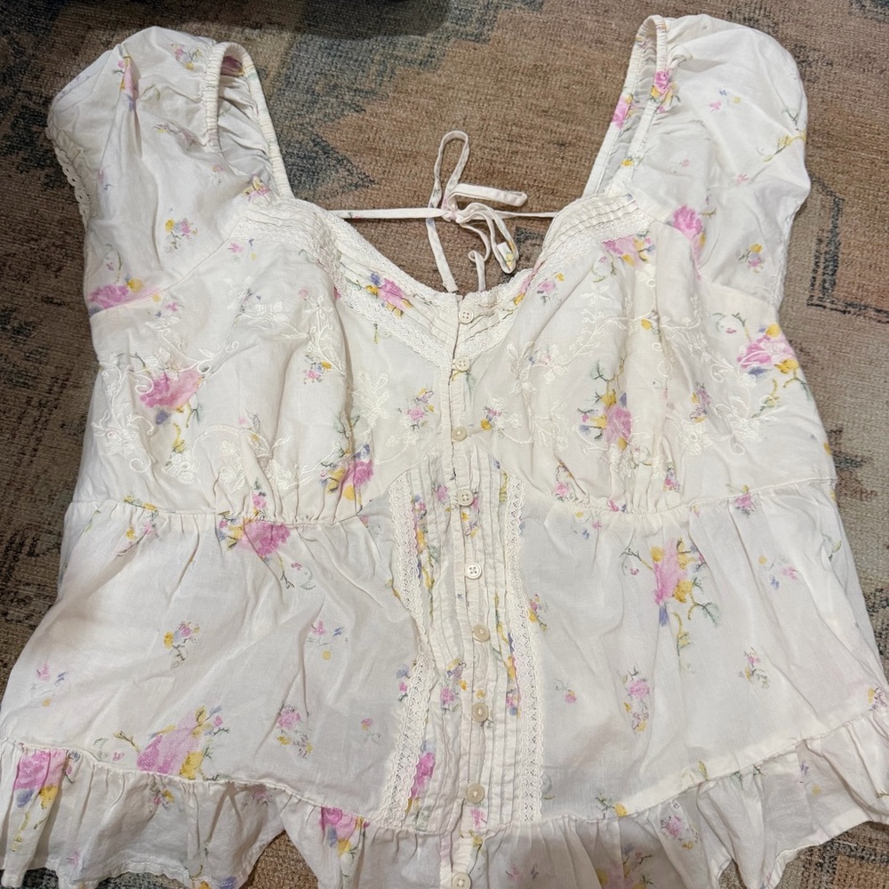 White Floral Peplum Tie-Back Women's Top